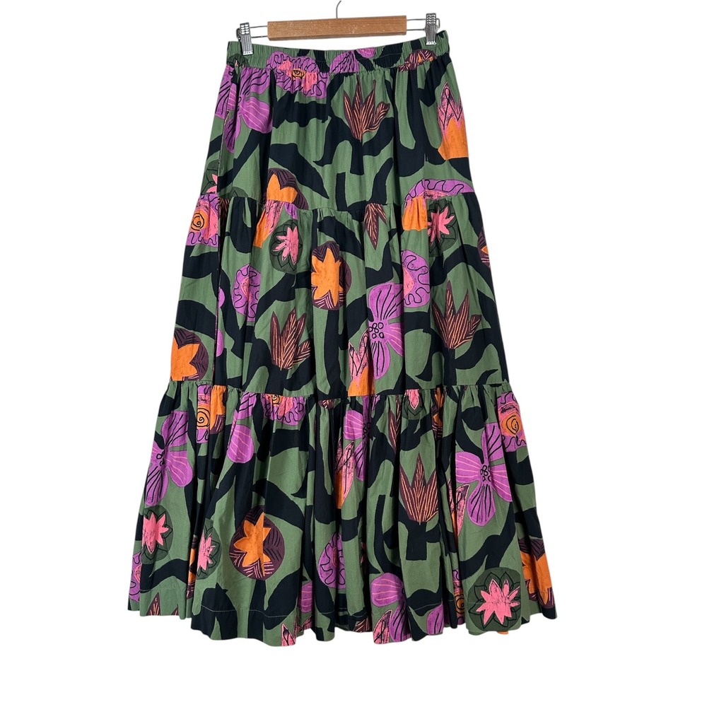 Oliphant Womens Floral Tiered Maxi Skirt Large Tropical Artsy Boho Resort Olive
